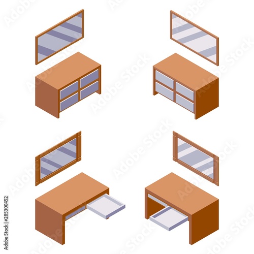 Vector isometric furniture collection good for hotel or interior room scene. Isolated on white mirrors and chest of drawers or wooden 3d commode set