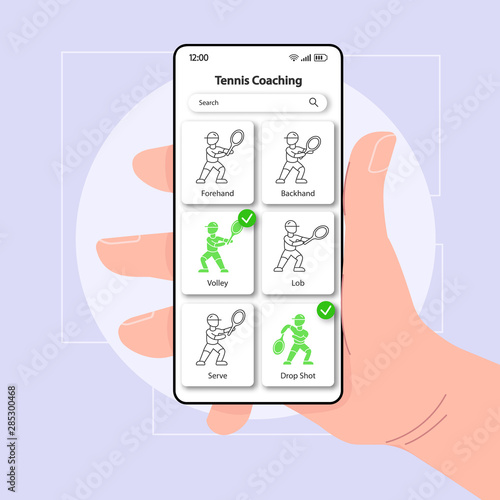 Tennis coaching smartphone interface vector template. Mobile app page color design layout. Ball hitting technique screen. Flat UI for application. Hand holding phone with game training tool on display