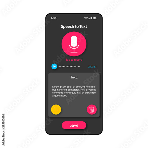 Text messages generator smartphone interface vector template. Mobile app page color design layout. Speech to text transformer screen. Flat UI for application. Spoken phrases converter phone display