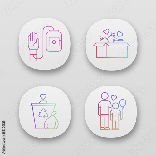 Volunteering app icons set. Altruistic activity. Blood and food donation, orphans care, garbage disposal. UI/UX user interface. Web or mobile applications. Vector isolated illustrations