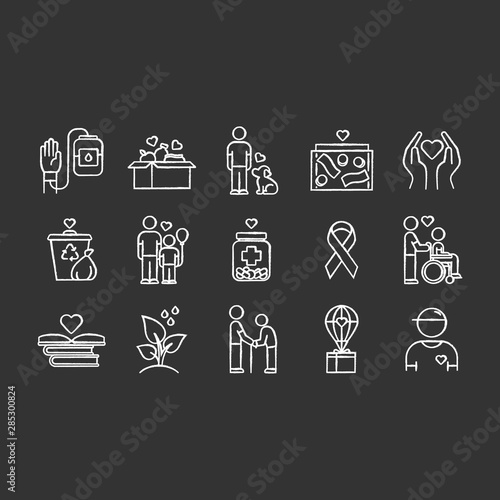 Volunteering chalk icons set. Reliance on volunteers in problem solving. Social activity. Voluntary cooperation of individuals. Community service help. Isolated vector chalkboard illustrations