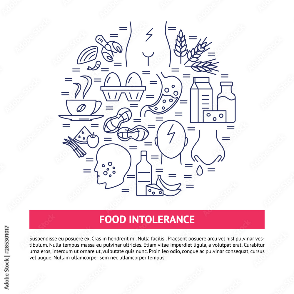 Food intolerance round concept banner in line style Food intolerance round concept banner in line style