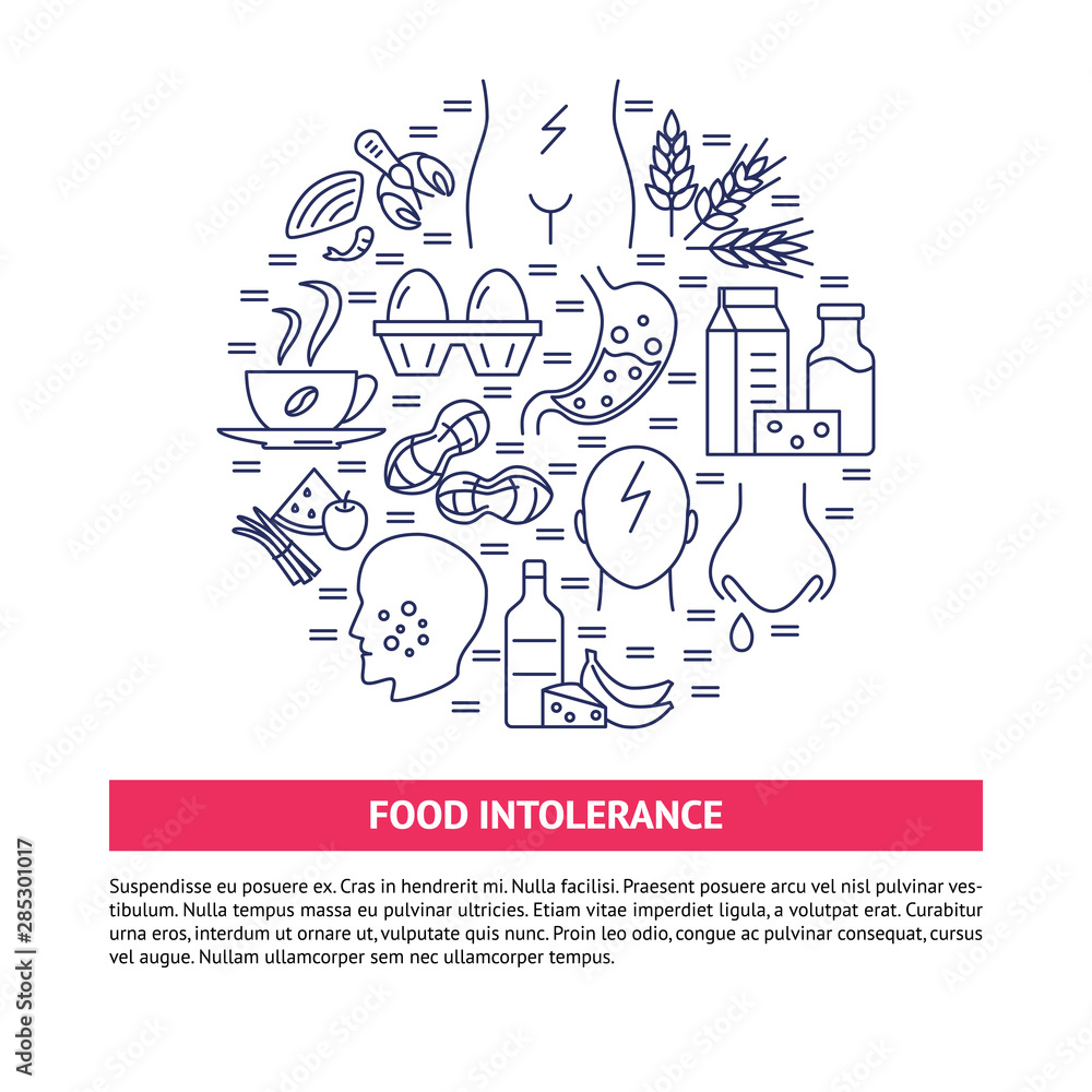 Food intolerance round concept banner in line style