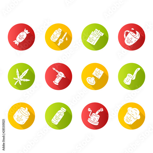 Weed products flat design long shadow glyph icons set. Marijuana legalization. Hemp distribution, sale. Cannabis industry. Smoking devices. CBD drink, candy, cupcake. Vector silhouette illustration