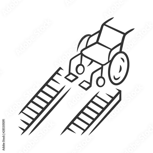 Wheelchair ramp linear icon. Device for physically disabled people. Transportation in urban environment. Thin line illustration. Contour symbol. Vector isolated outline drawing. Editable stroke