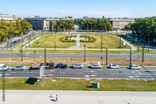 Kraków, Poland.  Aerial panorama of Ronald Reagan Central Square in Nowa Huta. One of two entirely planned and build socialist realist towns in the world. Originally the town, now a district of Cracow