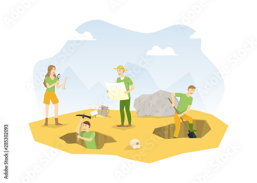 Cartoon Color Characters People and Archeology Excavations Concept. Vector