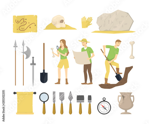 Cartoon Color Archeology Sign Icon Set. Vector