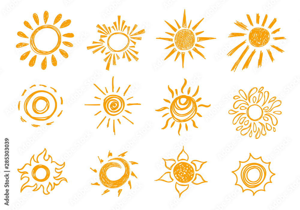 Yellow Hand Drawn Chalk Sun Sign Icon Set. Vector Yellow Hand Drawn Chalk Sun Sign Icon Set. Vector