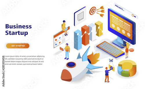Business startup modern flat design isometric concept. Launch work and people concept. Landing page template. Conceptual isometric vector illustration for web and graphic design. © microstore