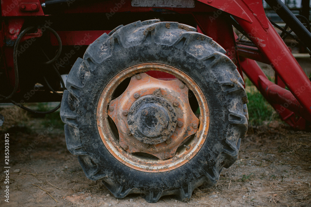 Close up of tractor tyre and rim