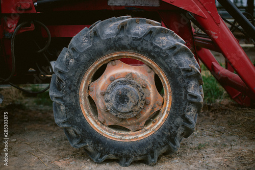 Close up of tractor tyre and rim