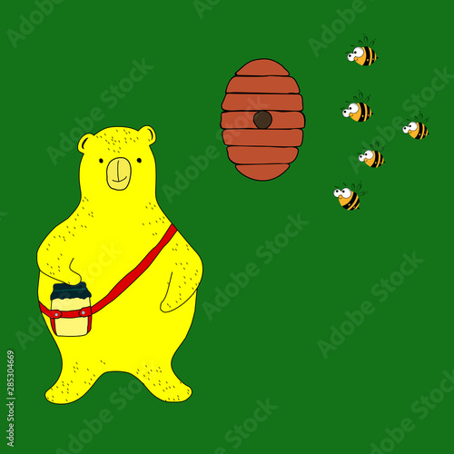 yellow bear with bees and hive