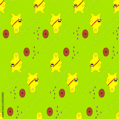 bear with bees and hive on grenn seamless pattern