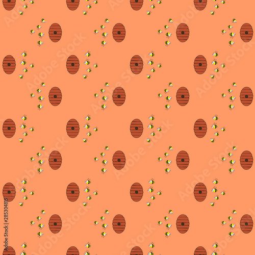 bees and hive on pitch seamless pattern