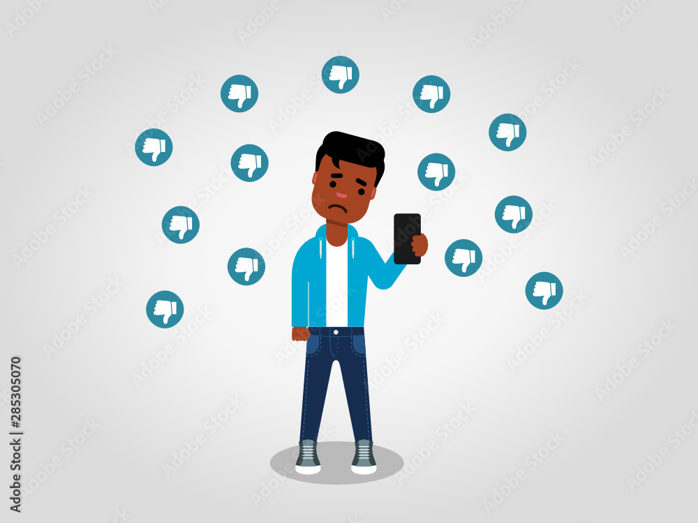 A sad young African American looking at his mobile phone, surrounded by the thumbs down signs. Dislikes on the internet. Hate speech concept.Vector illustration, flat style, clip art. A sad young African American looking at his mobile phone, surrounded by the thumbs down signs. Dislikes on the internet. Hate speech concept.Vector illustration, flat style, clip art.