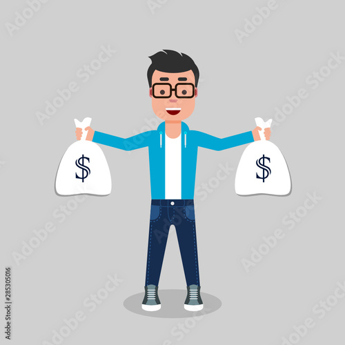 A young man is holding two money bags. Financial success concept. Become rich concept. He is standing and smiling, looking excited, dressed casual.  Stock vector illustration, flat style, clip art.