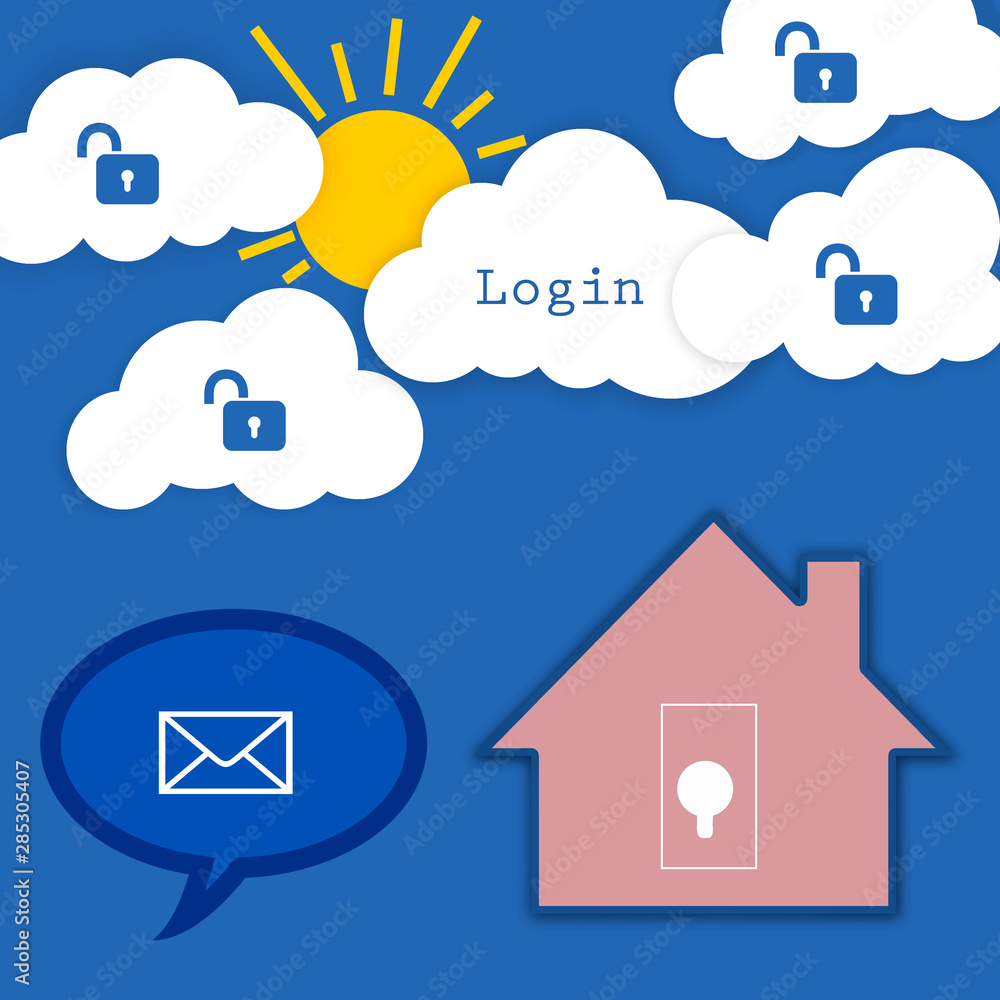 Opened locks and the word Login are drawn on the symbols of the cloud storage. On a blue background is a house and an idea sign with an image of an envelope. Opened locks and the word Login are drawn on the symbols of the cloud storage. On a blue background is a house and an idea sign with an image of an envelope.