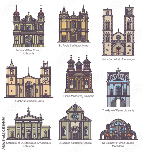 Set of isolated churches of europe in color