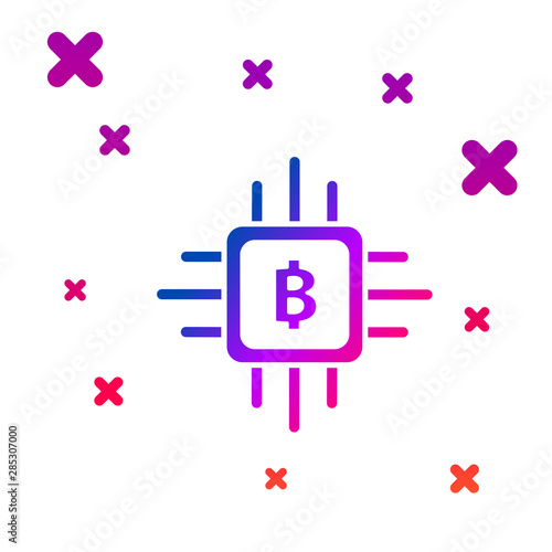 Color CPU mining farm icon isolated on white background. Bitcoin sign inside processor. Cryptocurrency mining community. Digital money. Gradient random dynamic shapes. Vector Illustration