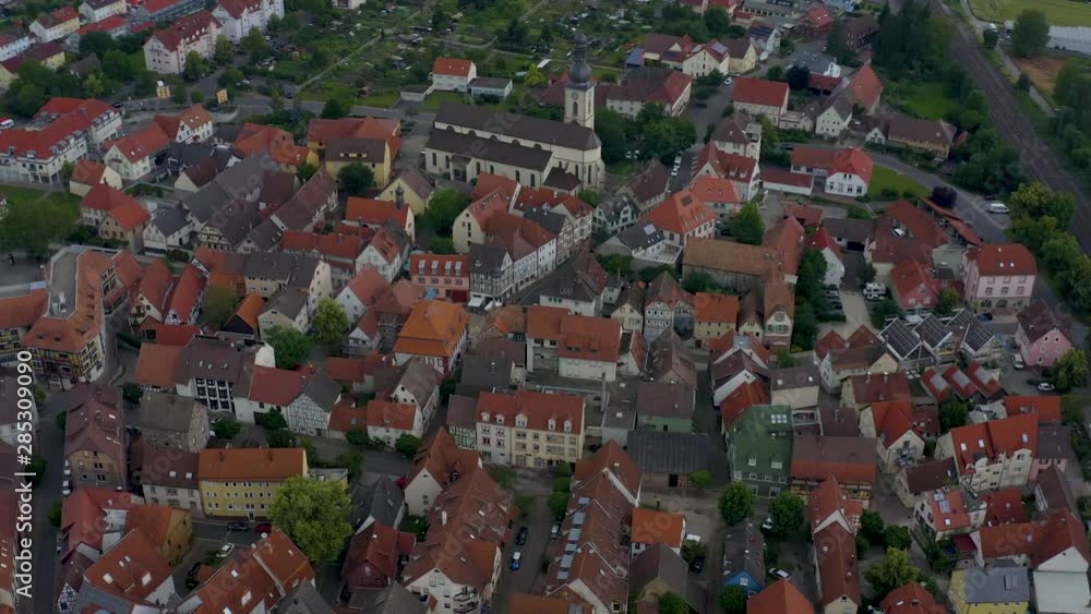 Aerial view from the old part of the city Lauda-Königshofen in Germany. Pan to the right around the old town. Aerial view from the old part of the city Lauda-Königshofen in Germany. Pan to the right around the old town.