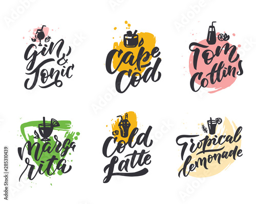 Hand drawn lettering and clipart icons for party and menu bar "Cocktail party". Typography poster EPS 10.