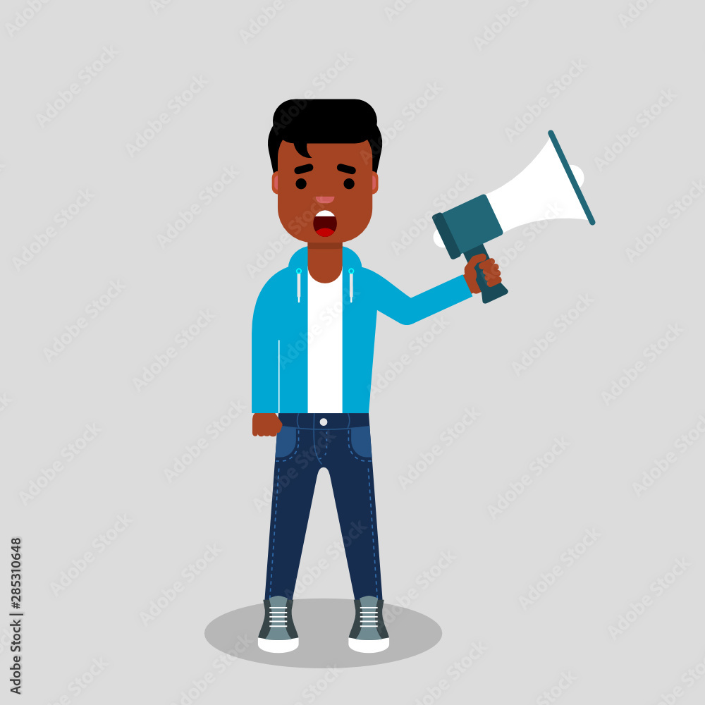 Young African american in jeans and sweatshirt protests with a megaphone in his hand. Human rights, fight for freedom, riot, concept. Stock Vector illustration, flat style. Young African american in jeans and sweatshirt protests with a megaphone in his hand. Human rights, fight for freedom, riot, concept. Stock Vector illustration, flat style.