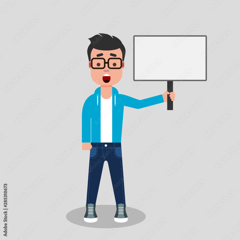 Young man protests with a sign in his hand. Social issues concept. Resistance, politics, demonstrations, anger concept. Stock Vector illustration, flat style, clip art.