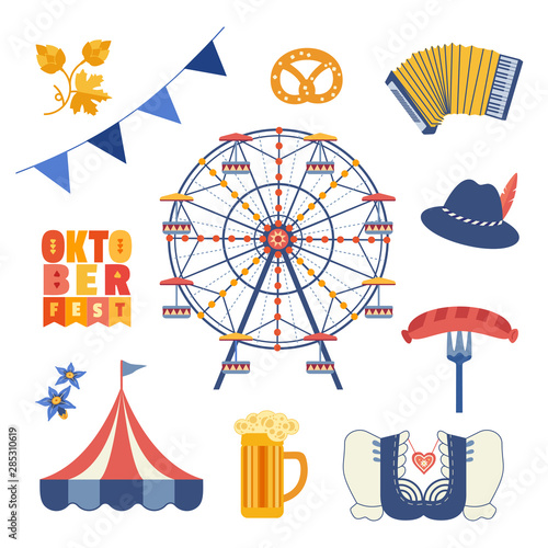 Oktoberfest hand drawn flat color vector icons set