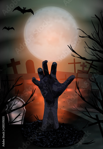 Zombie hand rising out from the ground. Halloween vertical background. Graveyard with tombstones and moon. Vector