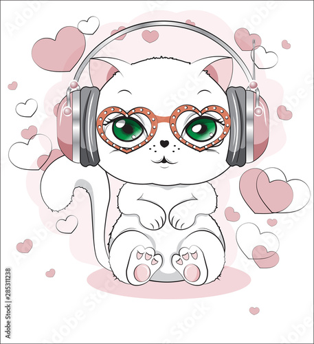 white kitten with earphones