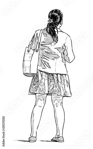 Sketch of casual teen girl standing on the street on summer day