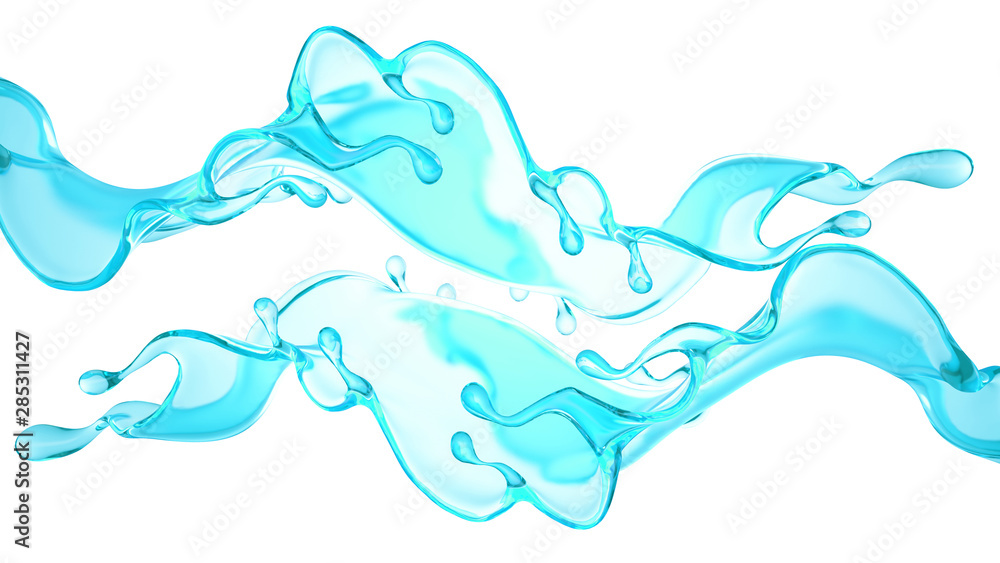 Splash of clear blue liquid, water. 3d illustration, 3d rendering. Splash of clear blue liquid, water. 3d illustration, 3d rendering.