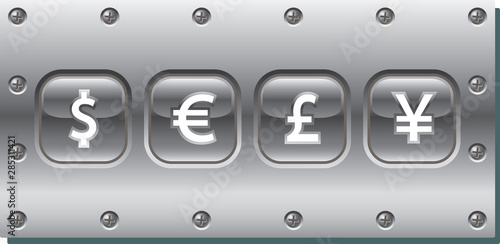 Vector image of metal signboard with various currengy symbols