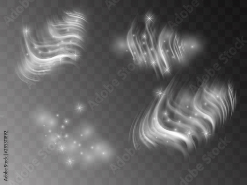 Smoke, wind vector collection, isolated, transparent background. Set of realistic white smoke steam, waves from coffee,tea,cigarettes, hot food,... Fog and mist effect.