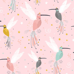 Fototapete Skandinavische Kindermuster Kolibris und Sterne im Skandi-Stil  © solodkayamari