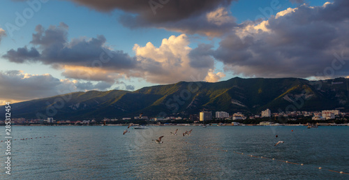 The Resort Of Gelendzhik. Markoth ridge at sunset. in the foreground seagulls fly over the Bay of Gelendzhik