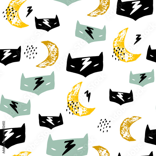 Seamless childish pattern with hero mask, flas, cloud. Creative kids texture for fabric, wrapping, textile, wallpaper, apparel. Vector illustration