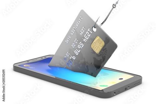 3d illustration: stealing credit cards from a mobile phone using a fishing hook. Metaphor. Safety of personal information, data protection. Security of payments. Hacking smartphones. Computer virus.