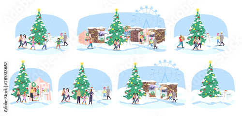 Christmas fair flat vector illustrations set. Winter market stalls, fairground with Xmas tree and attractions. Cartoon people walk New Year funfair. Winter holiday celebration city event, festival