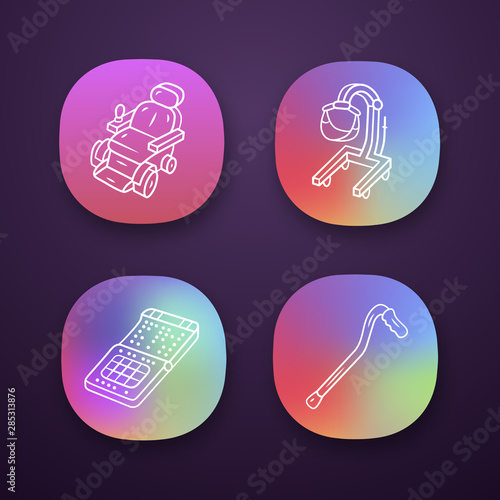 Disabled devices app icons set. Motorized wheelchair, patient lift, cane, braille smartphone. Mobility aids, equipment. UI/UX user interface. Web or mobile applications. Vector isolated illustrations