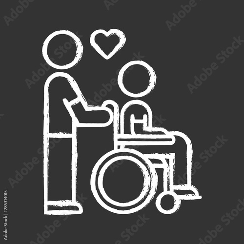 Disabled people help chalk icon. Volunteer responsibility for handicapped. Disability persons assistance. Nursing care. Man carries invalid in wheelchair. Isolated vector chalkboard illustration