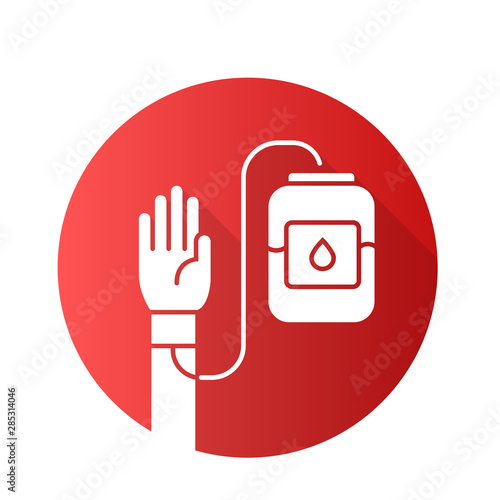 Donorship flat design long shadow glyph icon. Blood donation and transfusion. Volunteer activity. World Donor Day. Medical treatment. Donor hand and blood bag. Vector silhouette illustration