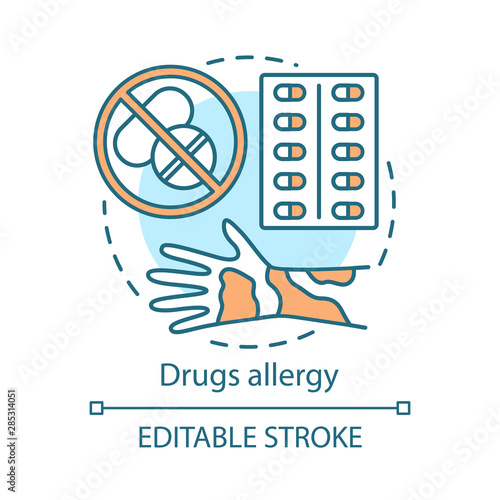 Drugs allergy concept icon. Allergic reaction to medications idea thin line illustration. Hives, itchy skin, rash on hand. Pills use side effects. Vector isolated outline drawing. Editable stroke