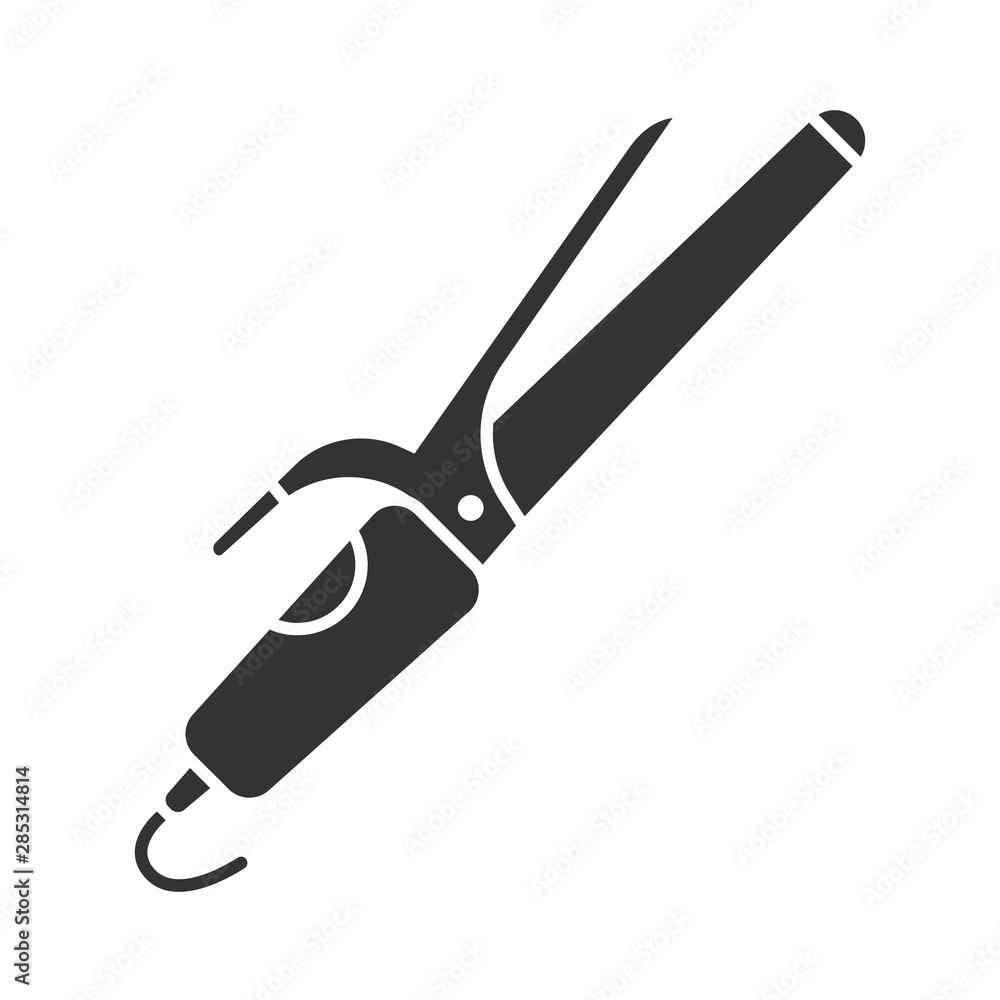 Hair curler glyph icon. Curling iron. Curling tongs. Creating curls by heating. Electric hairdresser tool. Professional hair styling. Silhouette symbol. Negative space. Vector isolated illustration Hair curler glyph icon. Curling iron. Curling tongs. Creating curls by heating. Electric hairdresser tool. Professional hair styling. Silhouette symbol. Negative space. Vector isolated illustration