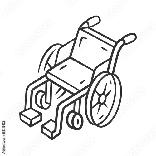 Manual wheelchair linear icon. Wheel chair, mobility aid for disabled, invalid people with special needs. Thin line illustration. Contour symbol. Vector isolated outline drawing. Editable stroke