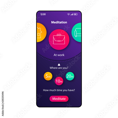 Meditation reminder smartphone interface vector template. Mobile app page color design layout. Relaxation time notifications screen. Flat UI for application. Spiritual practice schedule phone display