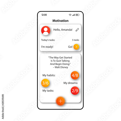 Motivation notifications smartphone interface vector template. Mobile app page color design layout. Personalised goals setting screen. Flat UI for application. Completing task reminder phone display