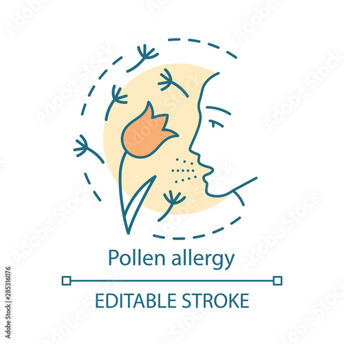 Pollen allergy concept icon. Hay fever idea thin line illustration. Allergic asthma, rhinitis caused by plants pollen. Seasonal respiratory disease. Vector isolated outline drawing. Editable stroke
