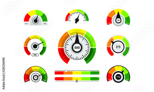 Credit score indicators. Speedometer goods gauge rating meter. Level indicator, credit loan scoring manometers vector set